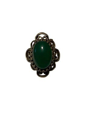 Vintage Silver-Tone Adjustable Ring With Green Oval Cabochon Stone And Filigree